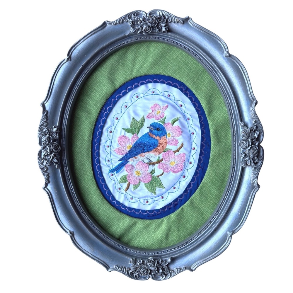 Vintage Embroidered Bluebird Floral Wall Art Ornate Oval Grey Frame Grannycore